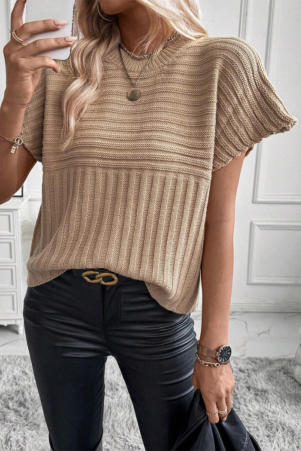 Light French Beige Rib Knitted Batwing Sleeve Sweater Top Sweaters & Cardigans JT's Designer Fashion