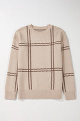 Khaki Plaid Pattern Knitted Drop Shoulder Sweater Sweaters JT's Designer Fashion