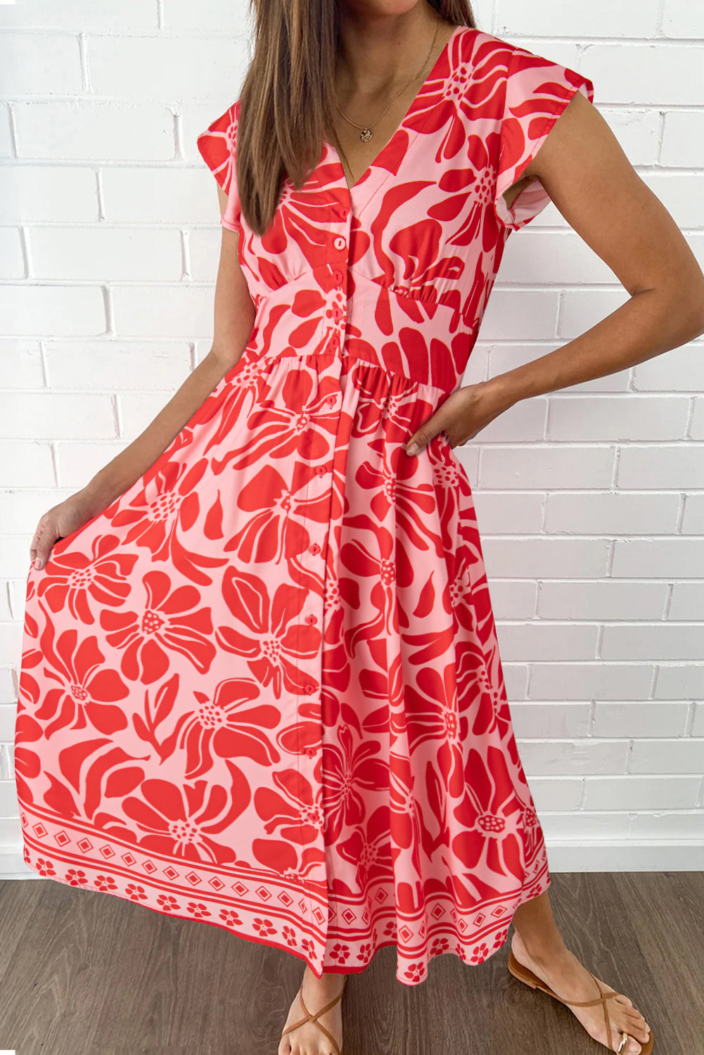 Red Boho Floral Short Sleeve V Neck Buttoned Shirred Waist Long Dress Red 100%Polyester Floral Dresses JT's Designer Fashion