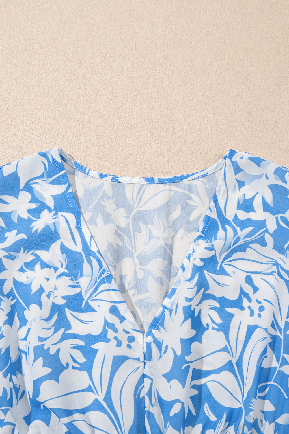 Sky Blue Floral V Neck Puff Short Sleeve Flowy Long Dress Maxi Dresses JT's Designer Fashion