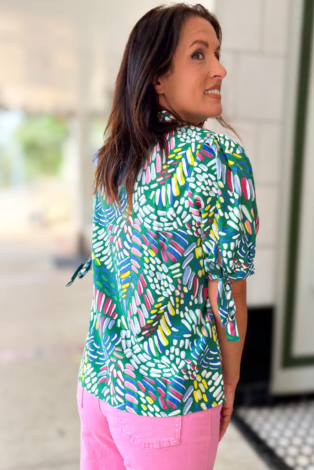 Green Abstract Print Knotted Short Sleeve Plus Size Blouse Plus Size Blouses & Shirts JT's Designer Fashion