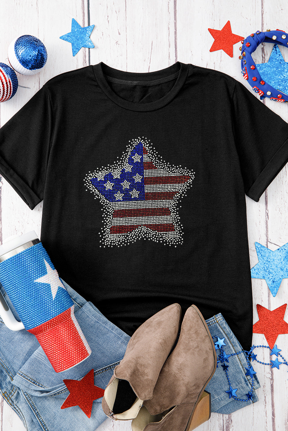 Black Flag Inspired Rhinestone Star Graphic T Shirt Graphic Tees JT's Designer Fashion
