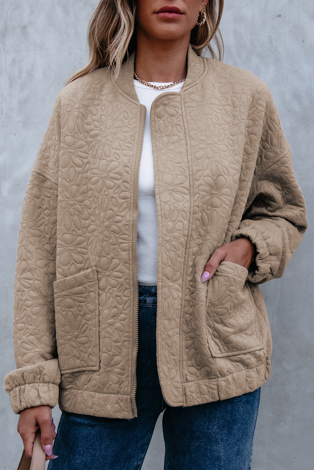 Light French Beige Floral Quilted Jacket Jackets JT's Designer Fashion
