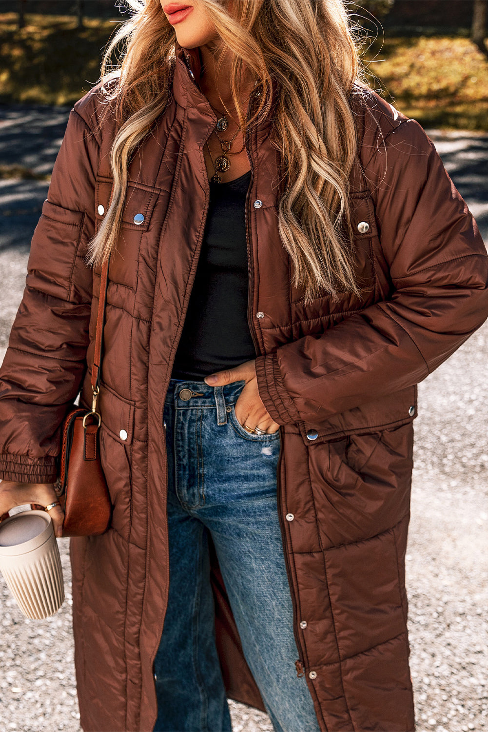 Coffee Quilted Puffer Stand Neck Zipped Mid-length Coat Coats JT's Designer Fashion