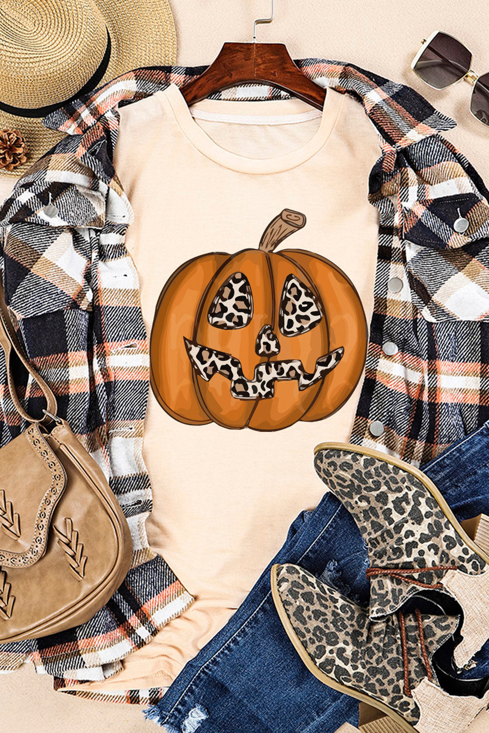 Khaki Halloween Leopard Pumpkin Print T Shirt Graphic Tees JT's Designer Fashion