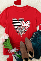 Red Leopard Striped Heart Shaped Print Crew Neck T Shirt Graphic Tees JT's Designer Fashion