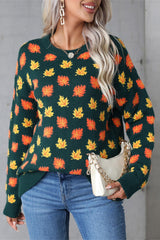 Blackish Green Fall Leaves Pattern Crew Neck Sweater Blackish Green 98%Cotton+2%Elastane Sweaters JT's Designer Fashion