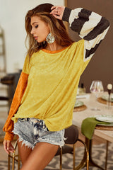 Ginger Colorblock Striped Sleeve Patchwork Drop Shoulder Top Long Sleeve Tops JT's Designer Fashion