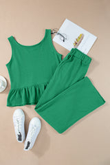 Green Solid Color Ribbed Ruffle Tank Top and Pants Set Pant Sets JT's Designer Fashion