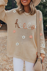 Parchment Hello Floral Embroidered Knit Loose Sweater Parchment 55%Acrylic+45%Cotton Sweaters JT's Designer Fashion