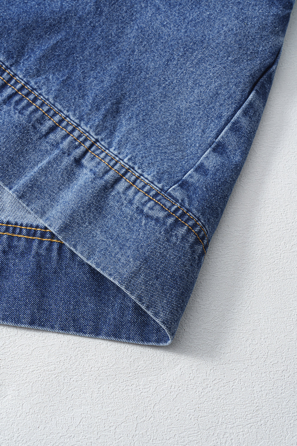 Blue Short Sleeve Collared Patched Pocket Denim Mini Dress Mini Dresses JT's Designer Fashion