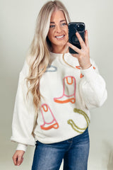 White Tinsel Western Boots Horseshoe Star Knit Crew Neck Sweater Sweaters JT's Designer Fashion
