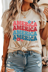 Khaki AMERICA Letter Floral Print T Shirt Graphic Tees JT's Designer Fashion