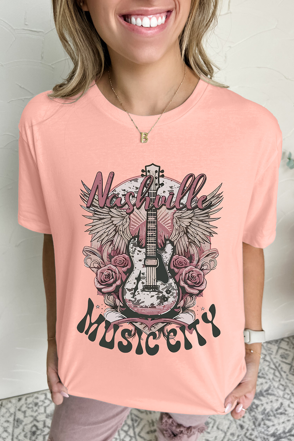 Pink Nashville MUSIC CITY Guitar Graphic Crewneck Tee Graphic Tees JT's Designer Fashion