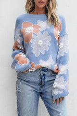 Beau Blue Floral O Neck Drop Shoulder Knitted Sweater Sweaters JT's Designer Fashion