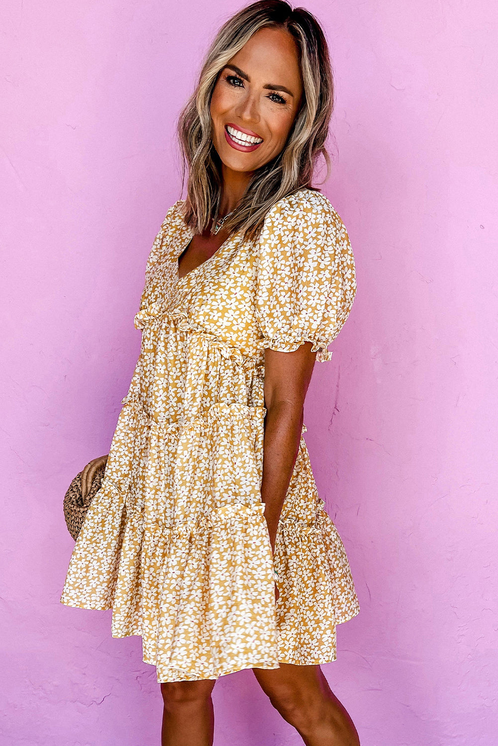 Yellow Floral Short Sleeve V Neck Frilly Tiered Mini Dress Floral Dresses JT's Designer Fashion