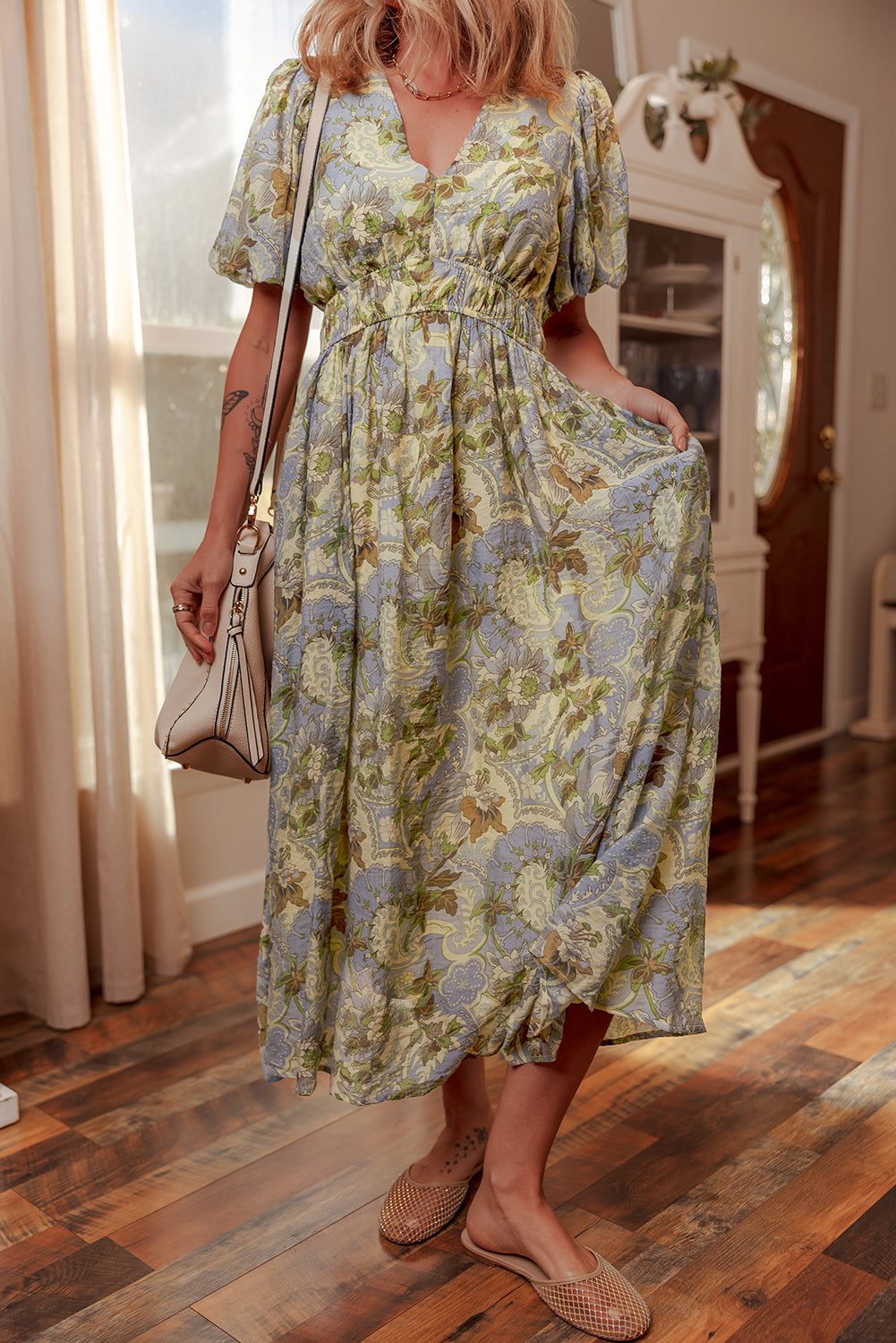 Multicolour Vintage Floral V Neck Short Puff Sleeve Long Dress Dresses JT's Designer Fashion