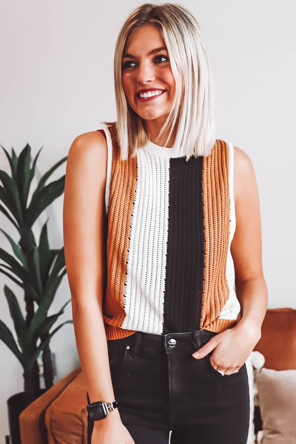 Khaki Stripe Color Block Sleeveless Knitted Sweater Sweaters & Cardigans JT's Designer Fashion