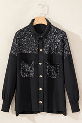 Black Sequin Patch Chest Pocket Corded Shacket Jackets JT's Designer Fashion