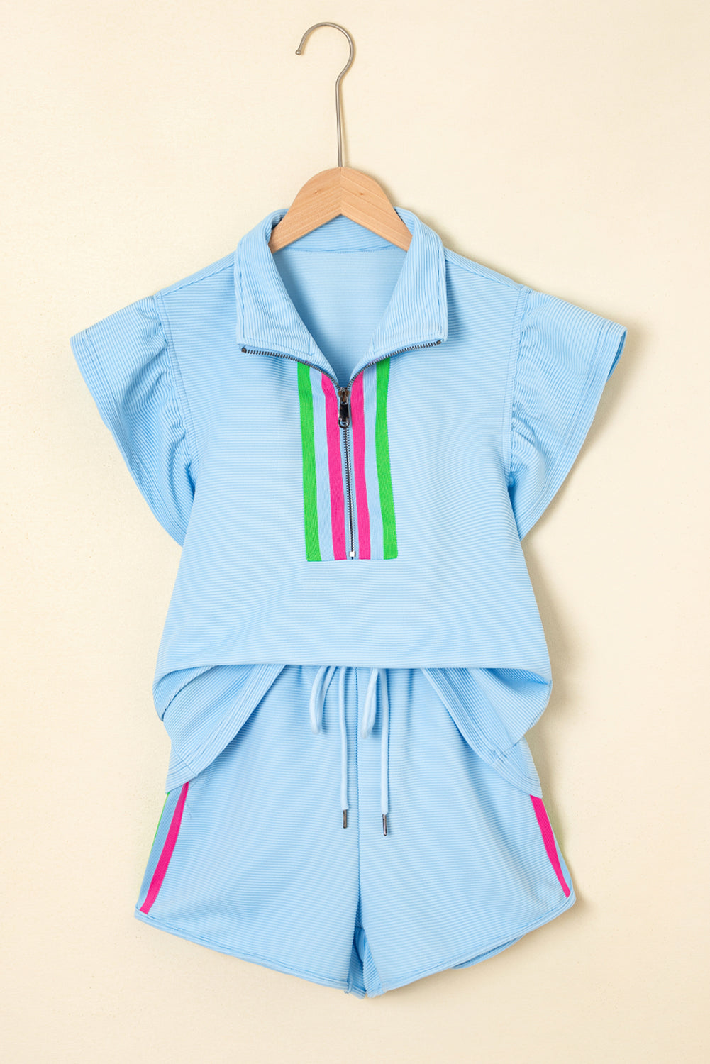 Beau Blue Striped Detail Flutter Sleeve Zipped Collar Short Set Short Sets JT's Designer Fashion
