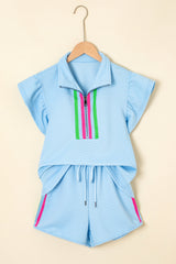 Beau Blue Striped Detail Flutter Sleeve Zipped Collar Short Set Short Sets JT's Designer Fashion