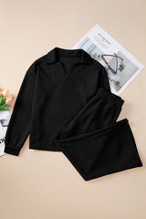 Black Solid Textured Collared V Neck Top and Wide Leg Pants Set Pant Sets JT's Designer Fashion