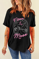 Black neon moon Letter Graphic Short Sleeve Top Graphic Tees JT's Designer Fashion
