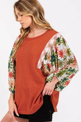 Desert Gold Floral Puff Sleeve Patchwork Round Neck Blouse Blouses & Shirts JT's Designer Fashion