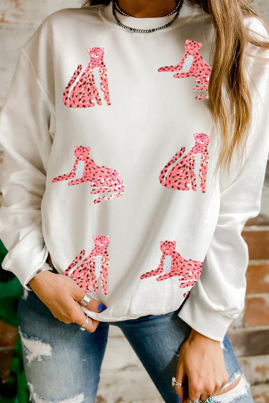 Beige Sequin Cheetah O Neck Drop Shoulder Sweatshirt Beige 50%Polyester+50%Cotton Graphic Sweatshirts JT's Designer Fashion