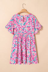 White Plus Size Floral Print Frilled Short Sleeve Flare Dress Plus Size Mini Dresses JT's Designer Fashion