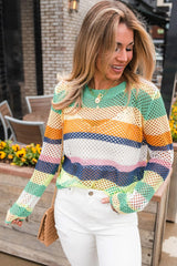 Green Colorblock Patchwork Knit Crochet Eyelet Sweater Sweaters JT's Designer Fashion