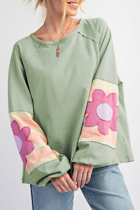 Smoke Green Flower Patchwork Raglan Sleeve Exposed Seam Oversized Top Long Sleeve Tops JT's Designer Fashion