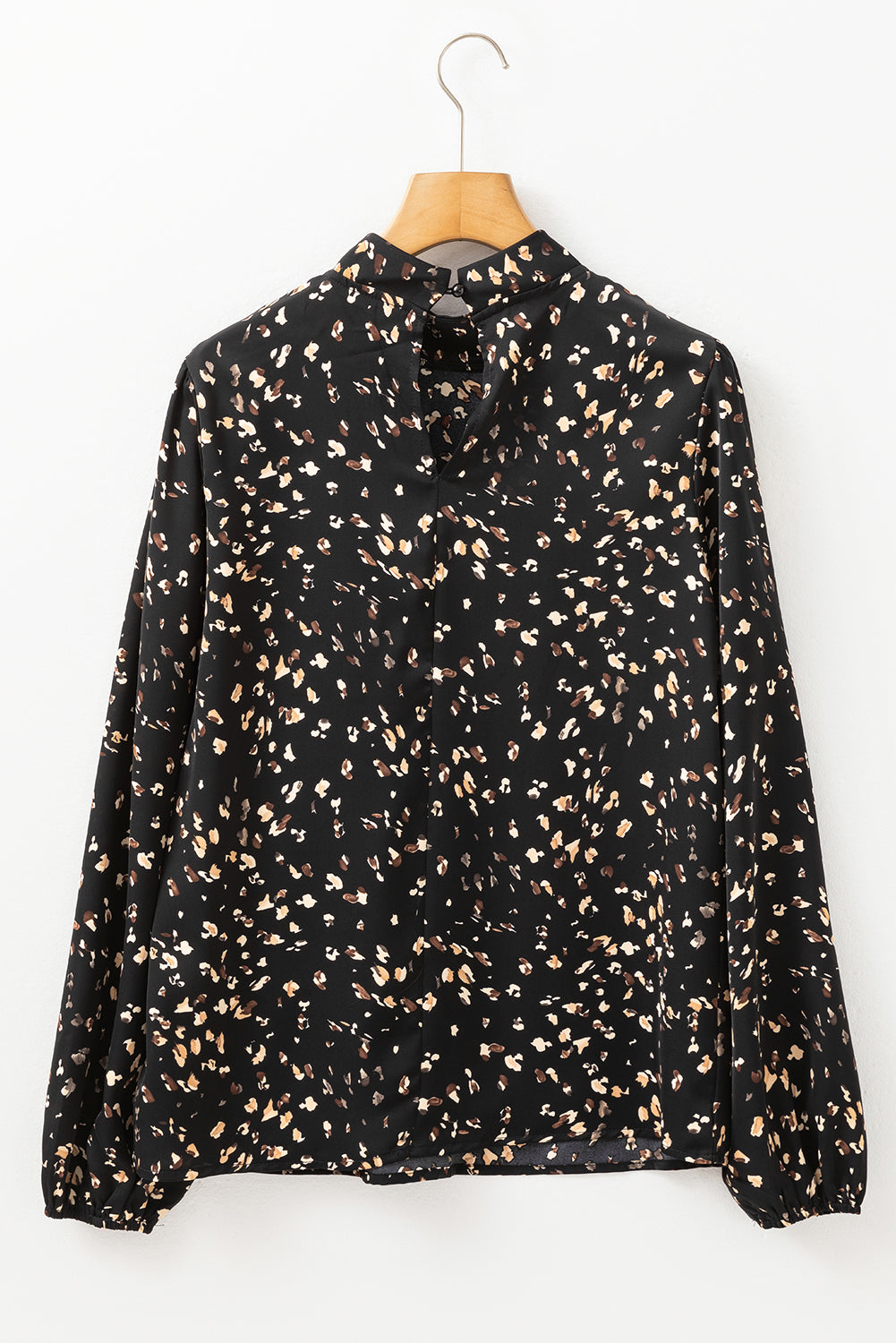Black Leopard Print Lantern Sleeve Mock Neck Pleated Blouse Blouses & Shirts JT's Designer Fashion