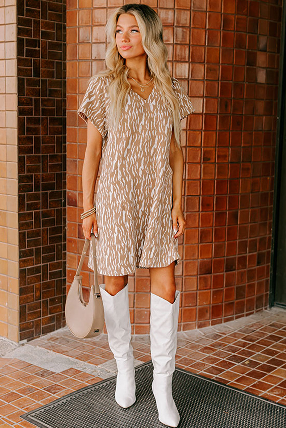 Khaki Abstract Print V Neck Short Sleeve Shift T Shirt Dress T Shirt Dresses JT's Designer Fashion