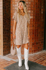 Khaki Abstract Print V Neck Short Sleeve Shift T Shirt Dress T Shirt Dresses JT's Designer Fashion