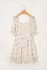 Beige Embroidered Flower Smocked Bust Half Puff Sleeve Empire Waist Textured Flowy Dress Mini Dresses JT's Designer Fashion