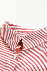 Red Stripe Smocked Cuffed Striped Boyfriend Shirt with Pocket Blouses & Shirts JT's Designer Fashion
