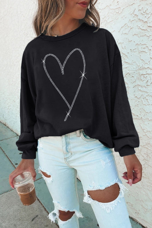 Black Rhinestone Heart Pattern Valentines Fashion Sweatshirt Graphic Sweatshirts JT's Designer Fashion