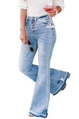 Sky Blue High Waist Buttoned Distressed Flared Jeans Jeans JT's Designer Fashion