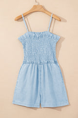 Beau Blue Spaghetti Strap Smocked Denim Romper Jumpsuits & Rompers JT's Designer Fashion