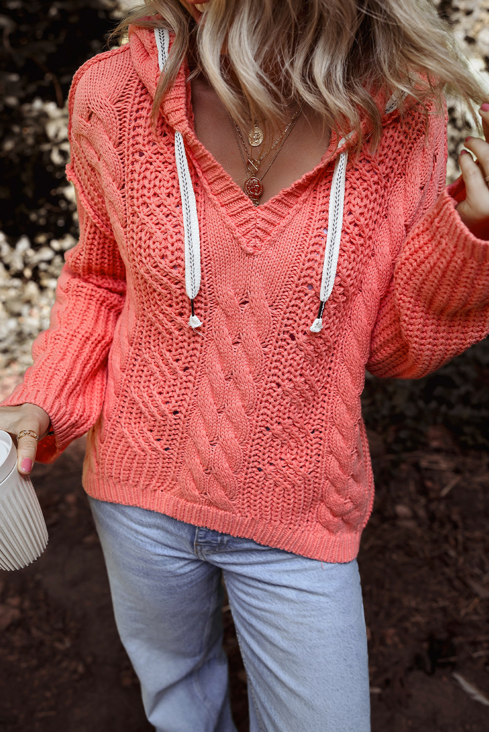 Gold Flame Cable Knit V Neck Contrast Drawstring Hooded Sweater Sweaters JT's Designer Fashion