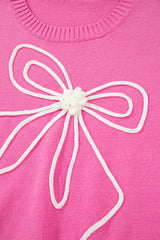 Bright Pink Corded Flower Bow Ribbed Trim Casual Sweater Sweaters JT's Designer Fashion