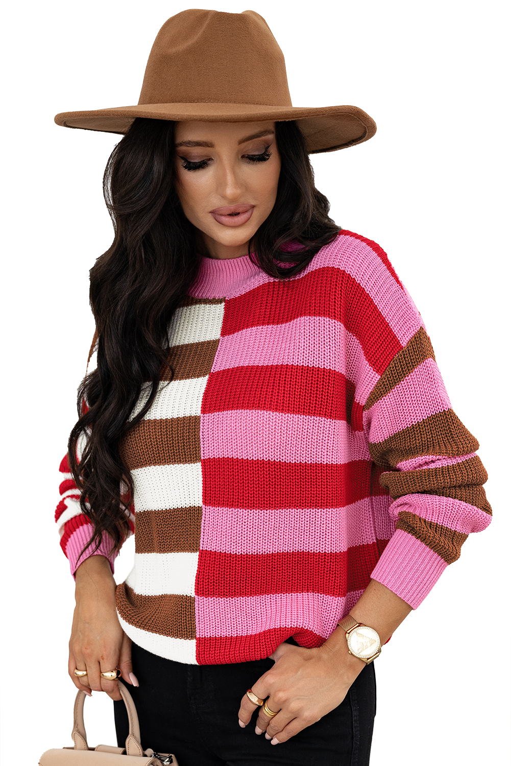 Pink Stripe Color Block High Neck Drop Shoulder Loose Sweater Sweaters JT's Designer Fashion