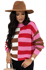 Pink Stripe Color Block High Neck Drop Shoulder Loose Sweater Sweaters JT's Designer Fashion