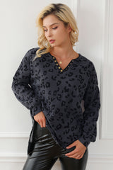 Gray Leopard Print Button Split Neck Waffle Sweatshirt Sweatshirts & Hoodies JT's Designer Fashion