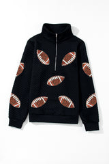 Black Sequin Rugby Football Patched Quarter Zip Textured Sweatshirt Graphic Sweatshirts JT's Designer Fashion