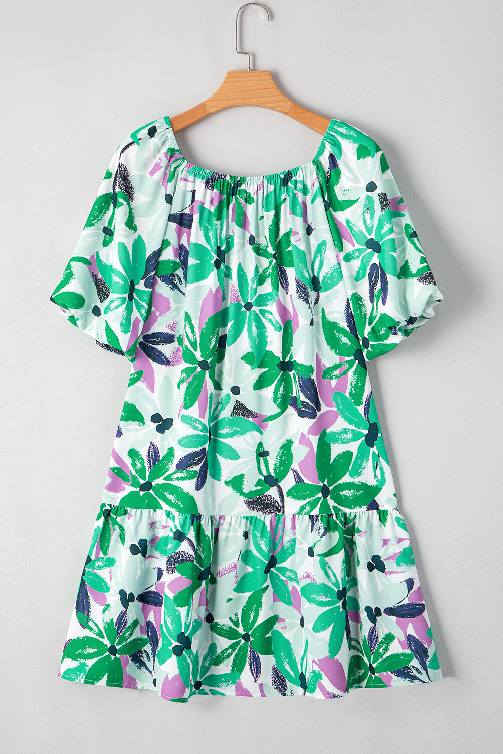 Green Floral Print Shirred Square Neck Loose Fit Mini Dress Floral Dresses JT's Designer Fashion