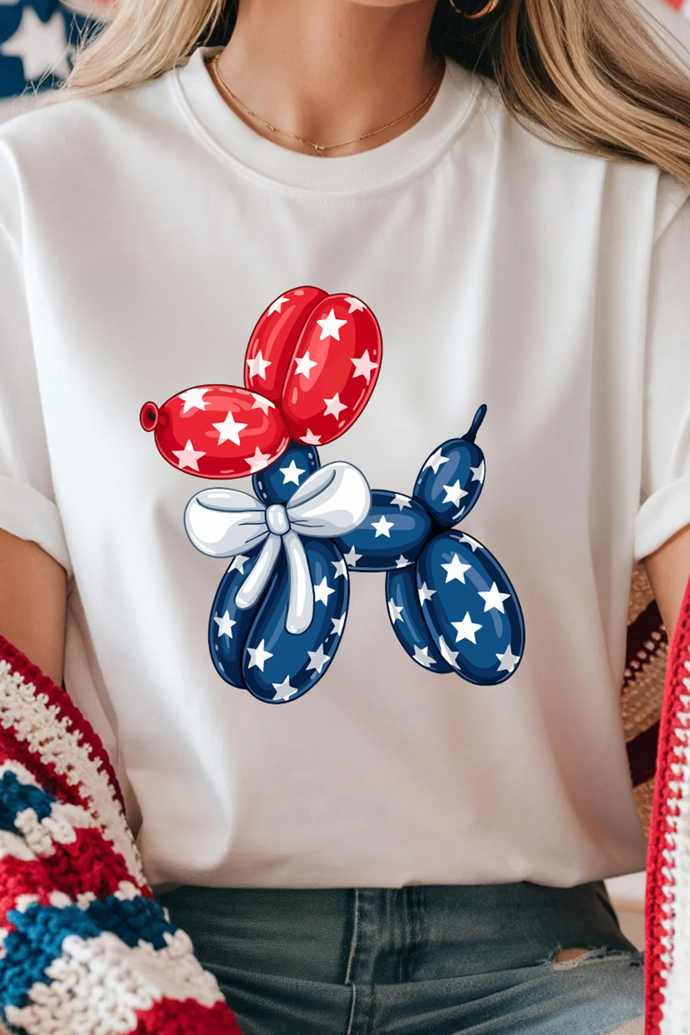 White American Flag Inspired Balloon Dog Graphic Cotton Blend T Shirt Graphic Tees JT's Designer Fashion