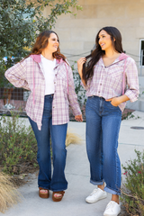 Pink Checkered Print Loose Fit Buttoned Hooded Shacket Plaid Shackets JT's Designer Fashion