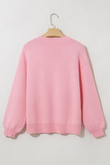 Pink Bow Graphic Drop Shoulder Round Neck Sweater Sweaters JT's Designer Fashion